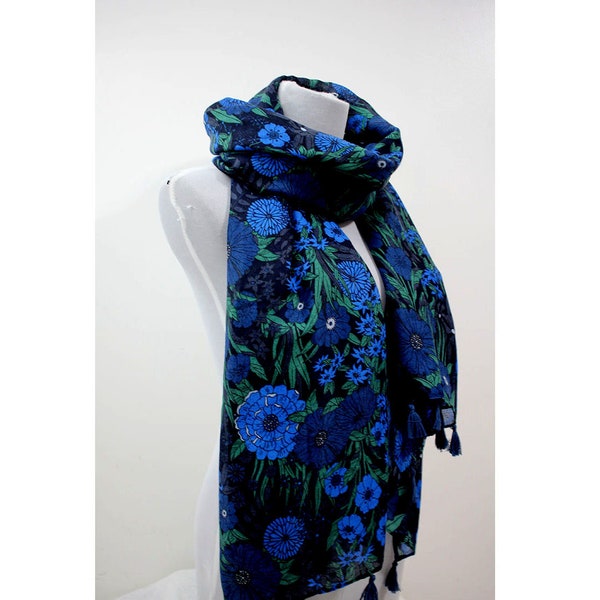 navy flower scarf, navy shawl, blue summer scarf, blue winter scarf, lightweight floral boho scarf, tassel scarves, womens scarf blue