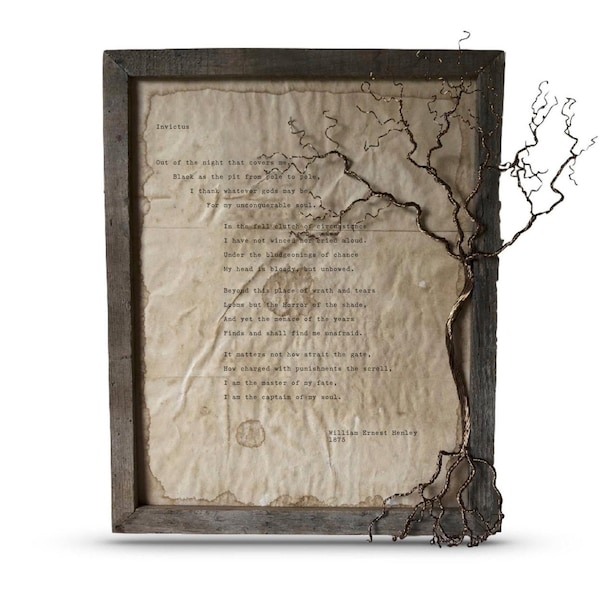 Invictus by William Ernest Henley | Handmade Vintage Typewriter Style Poem | Barnwood Framed with Hand Twisted Metal Wire Tree