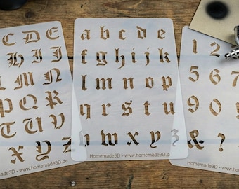 Plantilla de letras con aerógrafo, tipografía antigua, cortada con láser