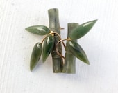 Vintage genuine jade hand carved leaf bamboo brooch pin with gold filled wire accents Oriental pin from carved nephrite Gold filled wire
