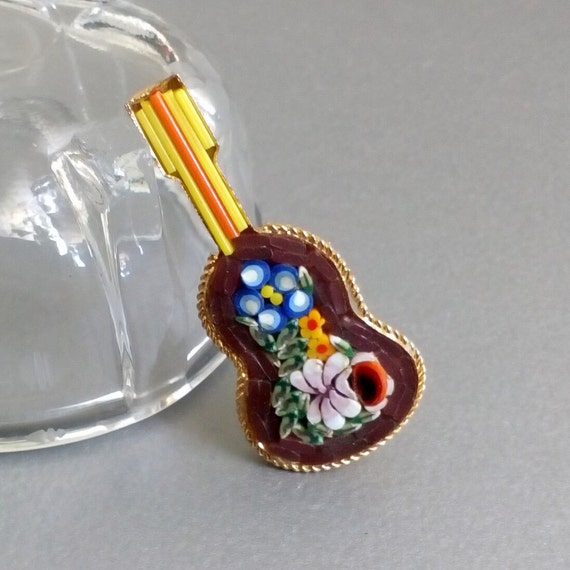 Micro mosaic GUITAR brooch Made in Italy  Floral … - image 1