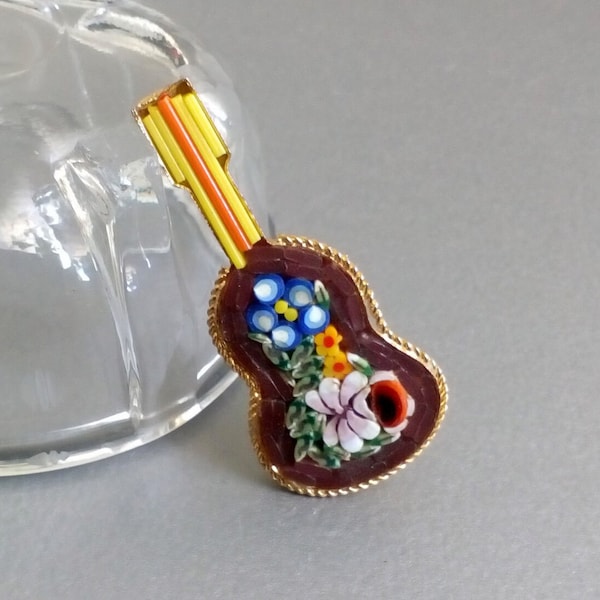 Micro mosaic GUITAR brooch Made in Italy  Floral micromosaic pin Gold tone music jewelry