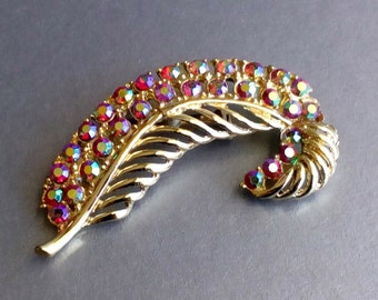 Red Aurora Borealis brooch LEAF AB rhinestone pin Vintage 80s jewelry