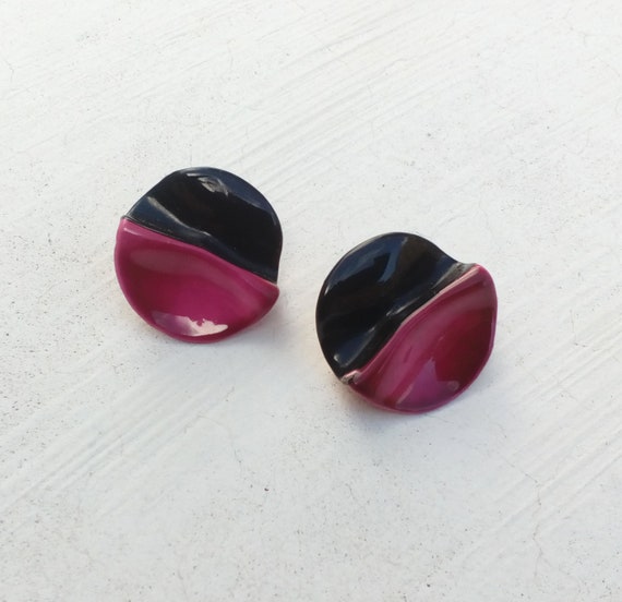 Vintage round two tone enamel clip on earrings Ab… - image 3