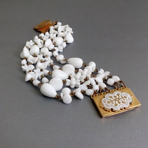 FREIRICH beaded cuff bracelet Vintage milk glass multi chain bracelet Wedding jewelry Bridal gift idea