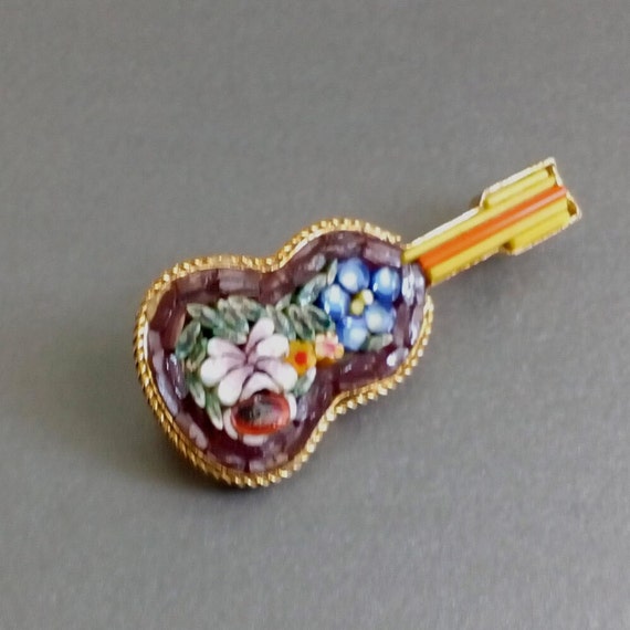 Micro mosaic GUITAR brooch Made in Italy  Floral … - image 7