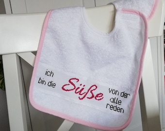 Frottee, bib white with pink edge and Velcro, hand embroidered