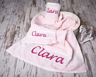 personalized set of bath towel, guest towel and washing glove, gift baby for birth, baptism, hand embroidered, 3 pieces, pink