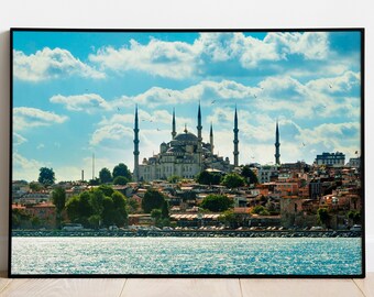 Istanbul City Print, Cloudy Blue Sky Istanbul Art, City by the Sea, Printable digital photo, Middle-east Cityscape, Birds over Mosque
