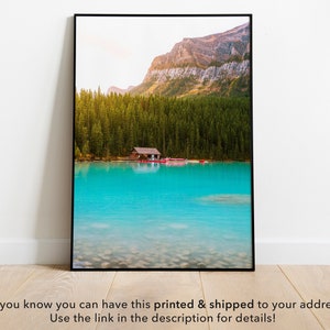 Lake Louise Boat House Wall Art, Canadian Rockies Printable Photo, Banff National Park Print, Canadian national park lake digital photo