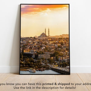 Golden Istanbul Print, Sunset over Istanbul Art, Golden Hour over City, Printable digital photo, Middle-east Cityscape, Birds over Mosque image 1