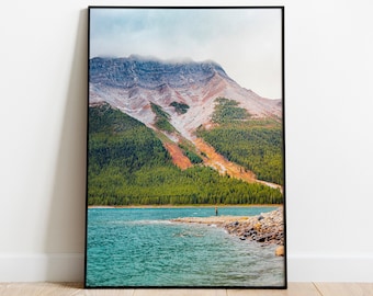 Goat Mountain Print, Canadian Rockies Printable Art, Banff National Park, Mystical Mountain digital photo, Blue water Lake, People in nature