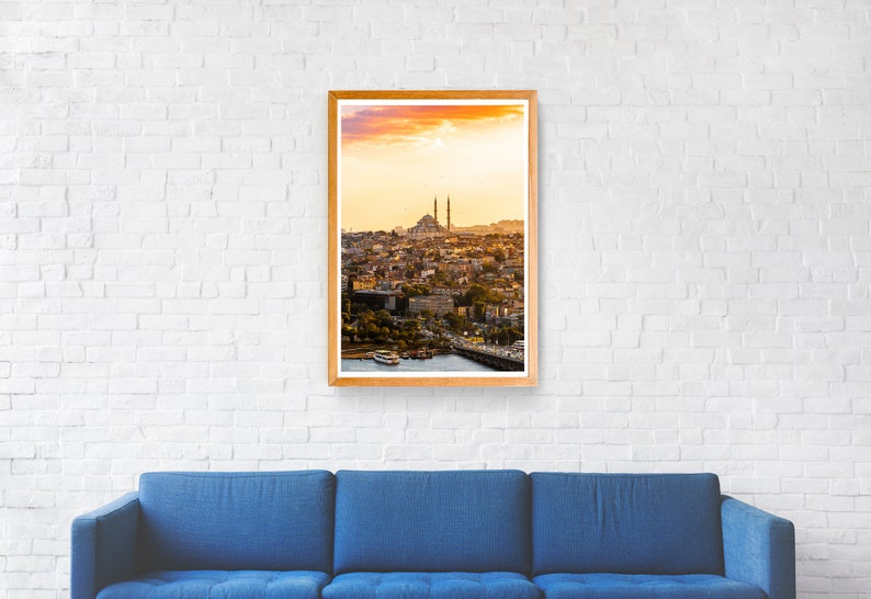 Golden Istanbul Print, Sunset over Istanbul Art, Golden Hour over City, Printable digital photo, Middle-east Cityscape, Birds over Mosque image 6