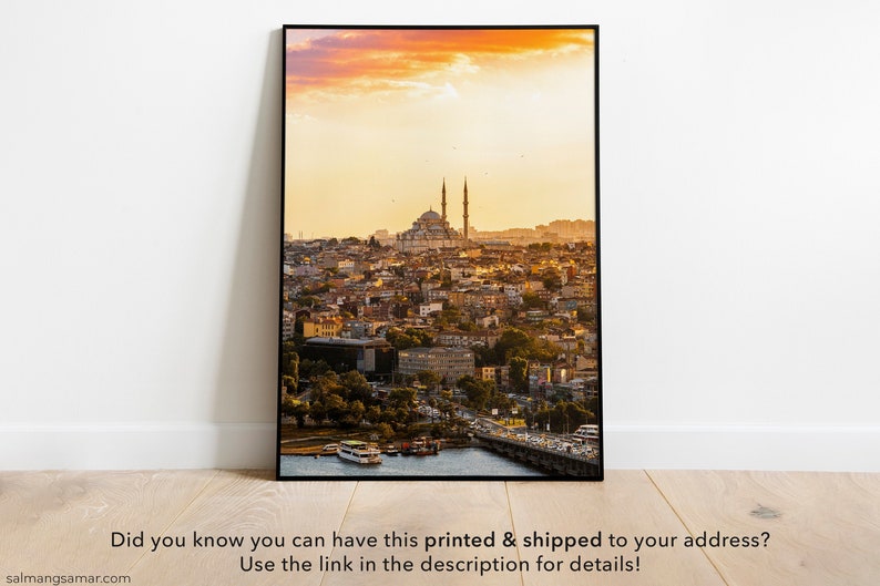 Golden Istanbul Print, Sunset over Istanbul Art, Golden Hour over City, Printable digital photo, Middle-east Cityscape, Birds over Mosque image 1