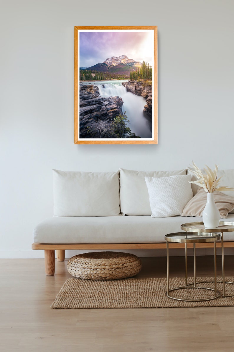 Waterfall /& Mountain Purple and Green Tree Canada National Park Alberta Landscapes Photo Athabasca Falls Print Banff National Park