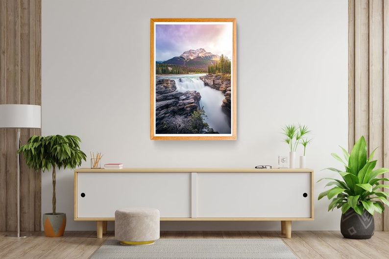 Waterfall /& Mountain Purple and Green Tree Canada National Park Alberta Landscapes Photo Athabasca Falls Print Banff National Park