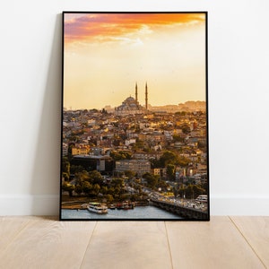 Golden Istanbul Print, Sunset over Istanbul Art, Golden Hour over City, Printable digital photo, Middle-east Cityscape, Birds over Mosque image 2