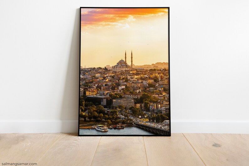 Golden Istanbul Print, Sunset over Istanbul Art, Golden Hour over City, Printable digital photo, Middle-east Cityscape, Birds over Mosque image 2