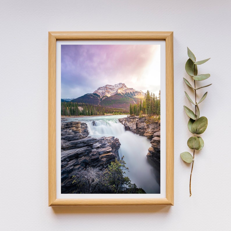 Waterfall /& Mountain Purple and Green Tree Canada National Park Alberta Landscapes Photo Athabasca Falls Print Banff National Park