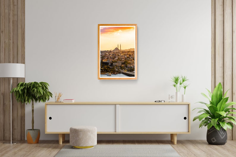 Golden Istanbul Print, Sunset over Istanbul Art, Golden Hour over City, Printable digital photo, Middle-east Cityscape, Birds over Mosque image 3