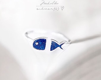 Silber verstellbarer Ring, Ein Geschenk für SIE, Fischring, 925 Silber Fischring, Sterling Silber Ring, Starling Silber Fischschmuck, blauer