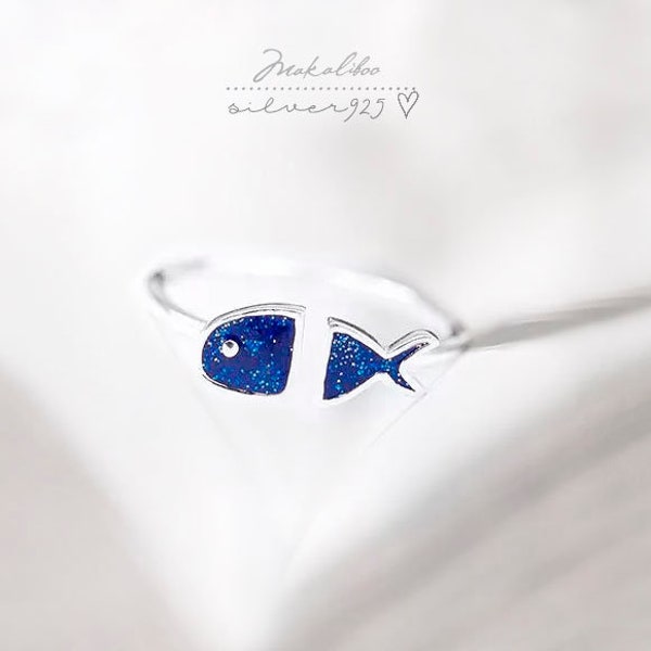 Silver adjustable ring, A gift for HER, fish ring, 925 silver fish ring, sterling silver ring, starling silver fish jewelry, blue fish