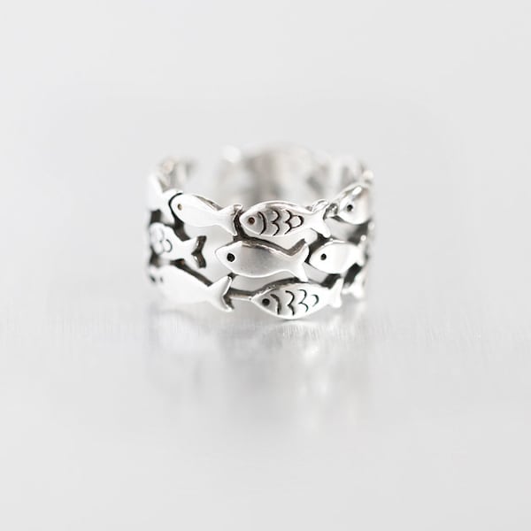 Silver adjustable ring. swimming fish A gift for HER, fish ring, 925 silver fish,