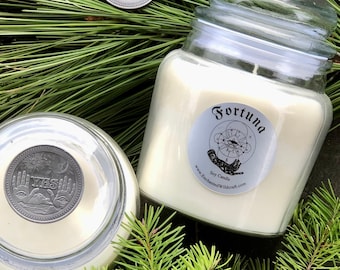 Fortuna Coconut Soy Candle with Divination Coin: Good Luck, Abundance