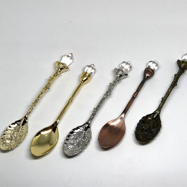 5 Fairy crystal teaspoons. OOPS small defects! Vintage mini decorative spoon, tea party, altar tools.