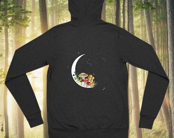 Whimsigoth Crescent Moon Mushroom Unisex zip hoodie with design on front and back.