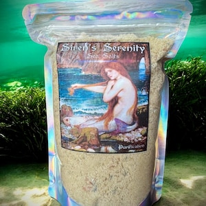 Siren's Serenity Bath Salts made with organic kelp powder, dead sea salts, lavender and quartz crystal infused. Sea Witch Bath Ritual.