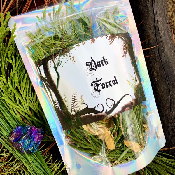 Dark Forest crystal potpourri blend wild crafted in the Pacific Northwest. Forest findings gift with peacock chalcopyrite crystal.