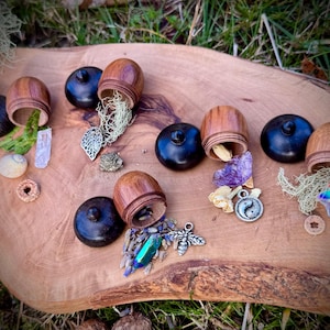 May include: A collection of small wooden acorn-shaped boxes with black lids, open to reveal various crystals, dried flowers, and other small trinkets. The boxes are arranged on a wooden surface with green foliage in the background.