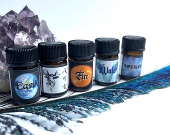 Essential oil sample set. Elemental pagan ritual oil 2 ml glass bottles. Earth, air, fire, water & spirit natural essential oil blends.