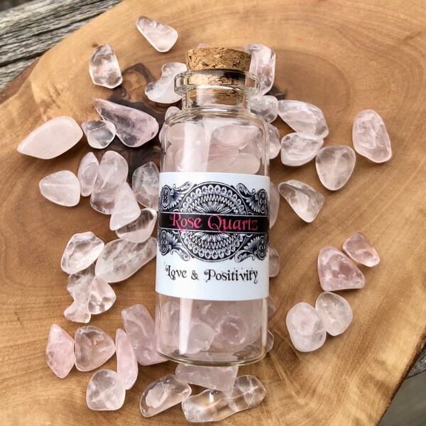 Rose Quartz chips in a mini glass vial with cork top.  30 grams, witches apothecary, starter kit, love crystals.