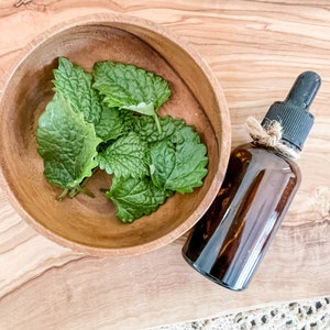 May include: A wooden bowl filled with fresh green lemon balm leaves and a dark amber glass bottle with a dropper.