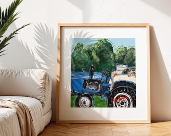 Blå Ford 1700 traktor utskrivbar konst, kvadratiskt format vintage gård väggdekor, rustik traktor illustration, lantlig gårdskonst, DIREKT NEDLADDNING