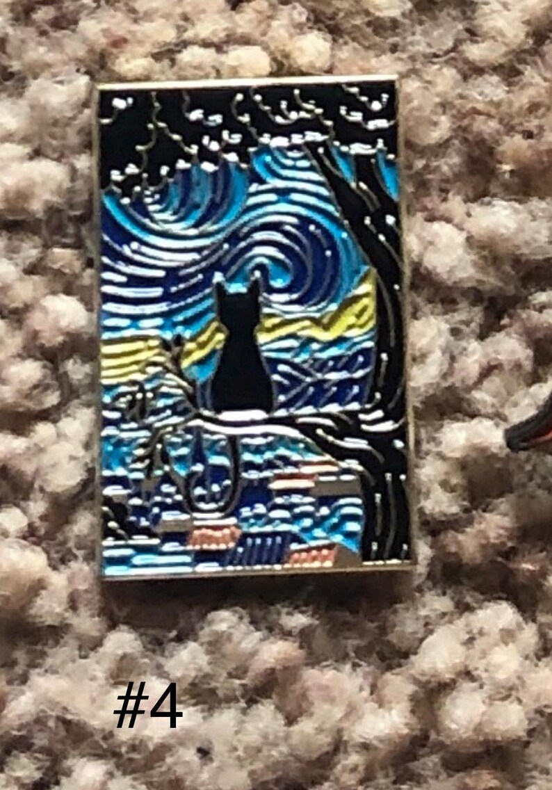 May include: A black cat sits on a branch in front of a blue and yellow starry night sky. The image is a stylized version of Vincent van Gogh's famous painting, "Starry Night."