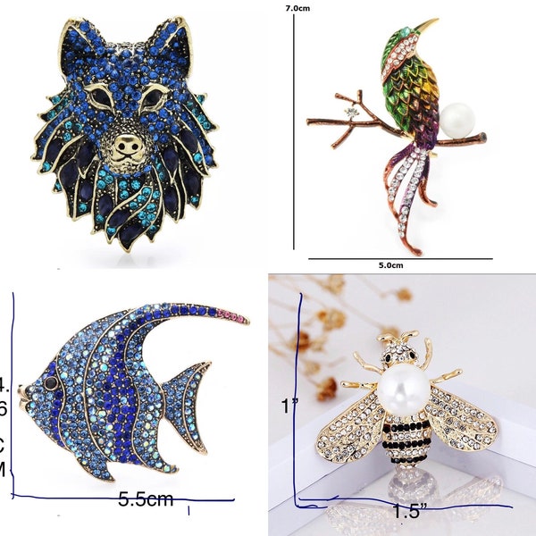 Rhinestone pins Wolf  hummingbird fish beeno international shipping from this shop
