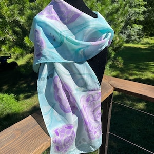 hand painted silk scarf purple flowers blue background