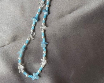 Encanto del teléfono Aguamarina y cuarzo claro Cadena de teléfono con cuentas Cadena de teléfonos Cordón-Piedras semipreciosas Cristal, Collar a juego