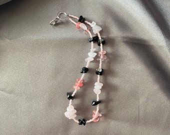 Encanto del teléfono Rosa Cuarzo-Cerezo-Negro Ágata Cuerda de teléfono con cuentas Cadena de teléfono Cordón-Piedras semipreciosas Cristal, Collar a juego