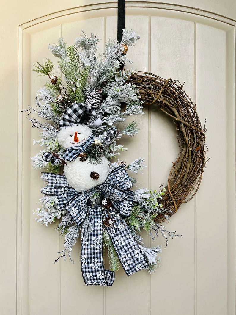 Handmade Christmas Wreath, Flocked Christmas Wreath, Snowman Wreath, Winter Wreath, Buffalo Plaid, Handmade Christmas Décor image 6