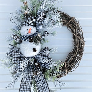 Handmade Christmas Wreath, Flocked Christmas Wreath, Snowman Wreath, Winter Wreath, Buffalo Plaid, Handmade Christmas Décor image 4