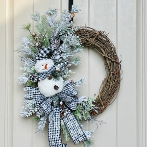 Handmade Christmas Wreath, Flocked Christmas Wreath, Snowman Wreath, Winter Wreath, Buffalo Plaid, Handmade Christmas Décor image 1