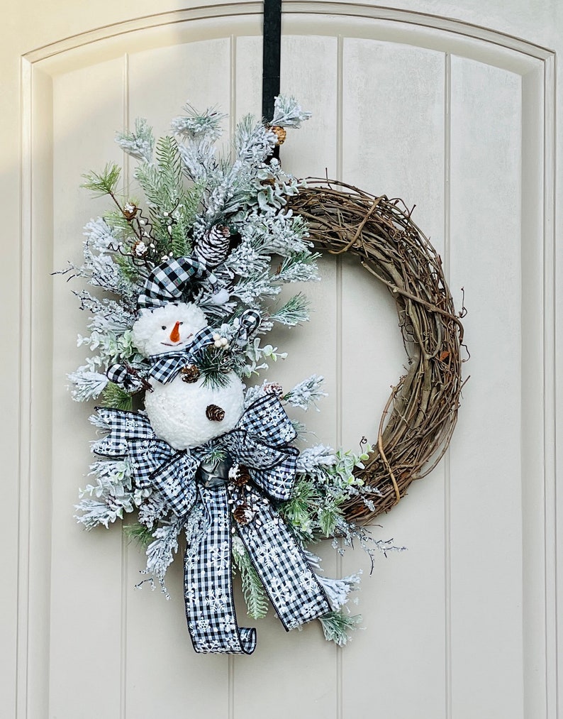 Handmade Christmas Wreath, Flocked Christmas Wreath, Snowman Wreath, Winter Wreath, Buffalo Plaid, Handmade Christmas Décor image 1