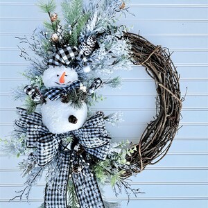 Handmade Christmas Wreath, Flocked Christmas Wreath, Snowman Wreath, Winter Wreath, Buffalo Plaid, Handmade Christmas Décor image 2