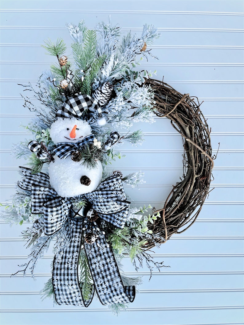Handmade Christmas Wreath, Flocked Christmas Wreath, Snowman Wreath, Winter Wreath, Buffalo Plaid, Handmade Christmas Décor image 2