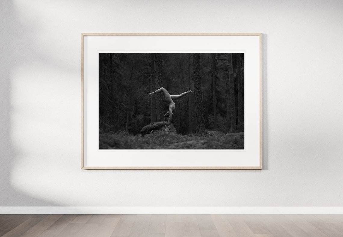 Nude Handstand Balanced on a Boulder • Naked Gymnastics • Black & White
