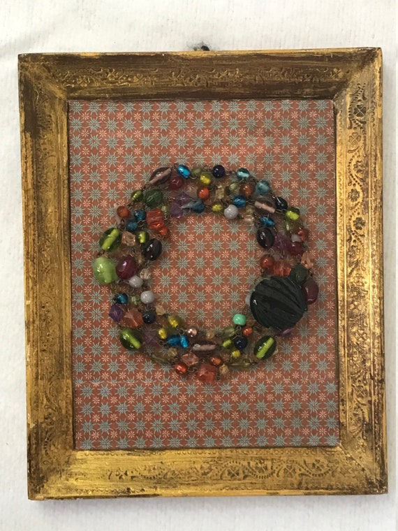 Multi Colored Glass Beaded Wreath With Gilded Frame Assemblage Art Coworker Gift Teacher